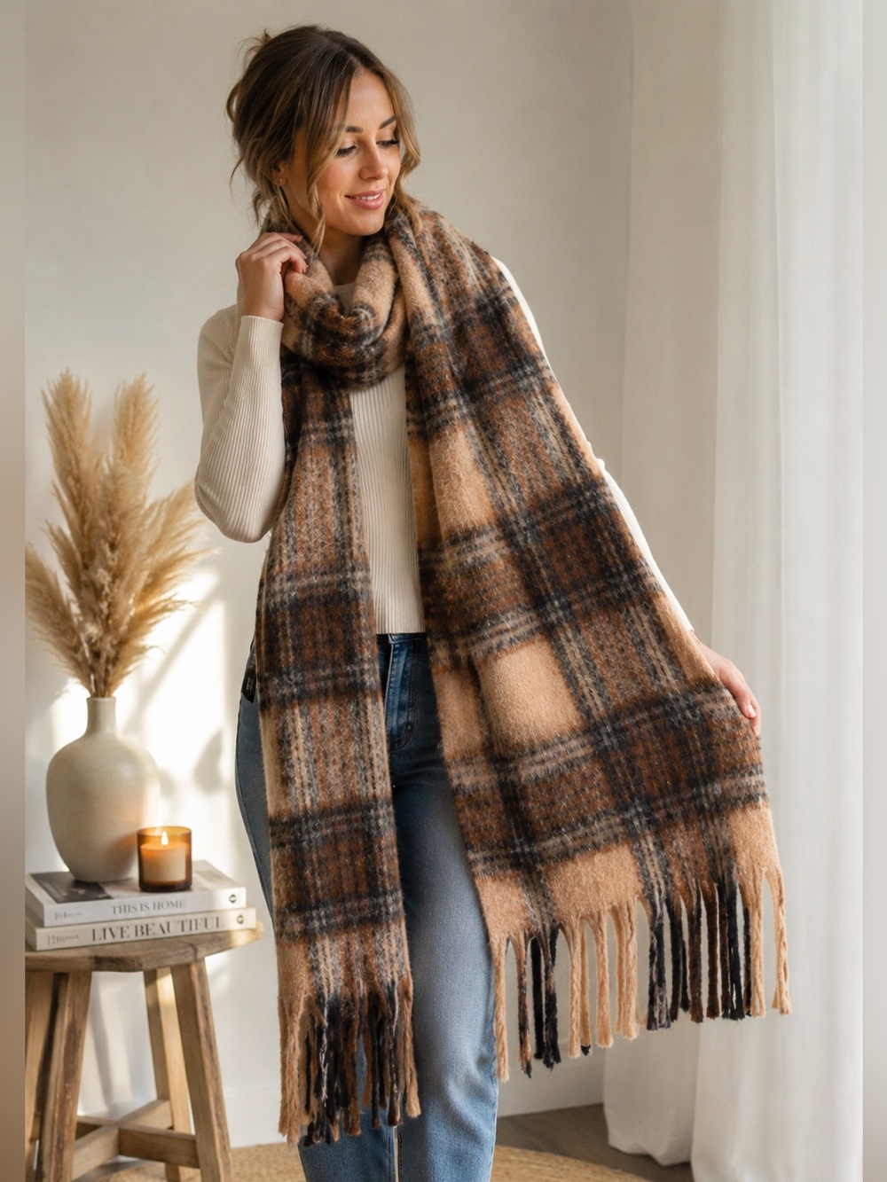 Cider Oversized Plaid Blanket Scarf Fringe Wrap Tan Brown 90”